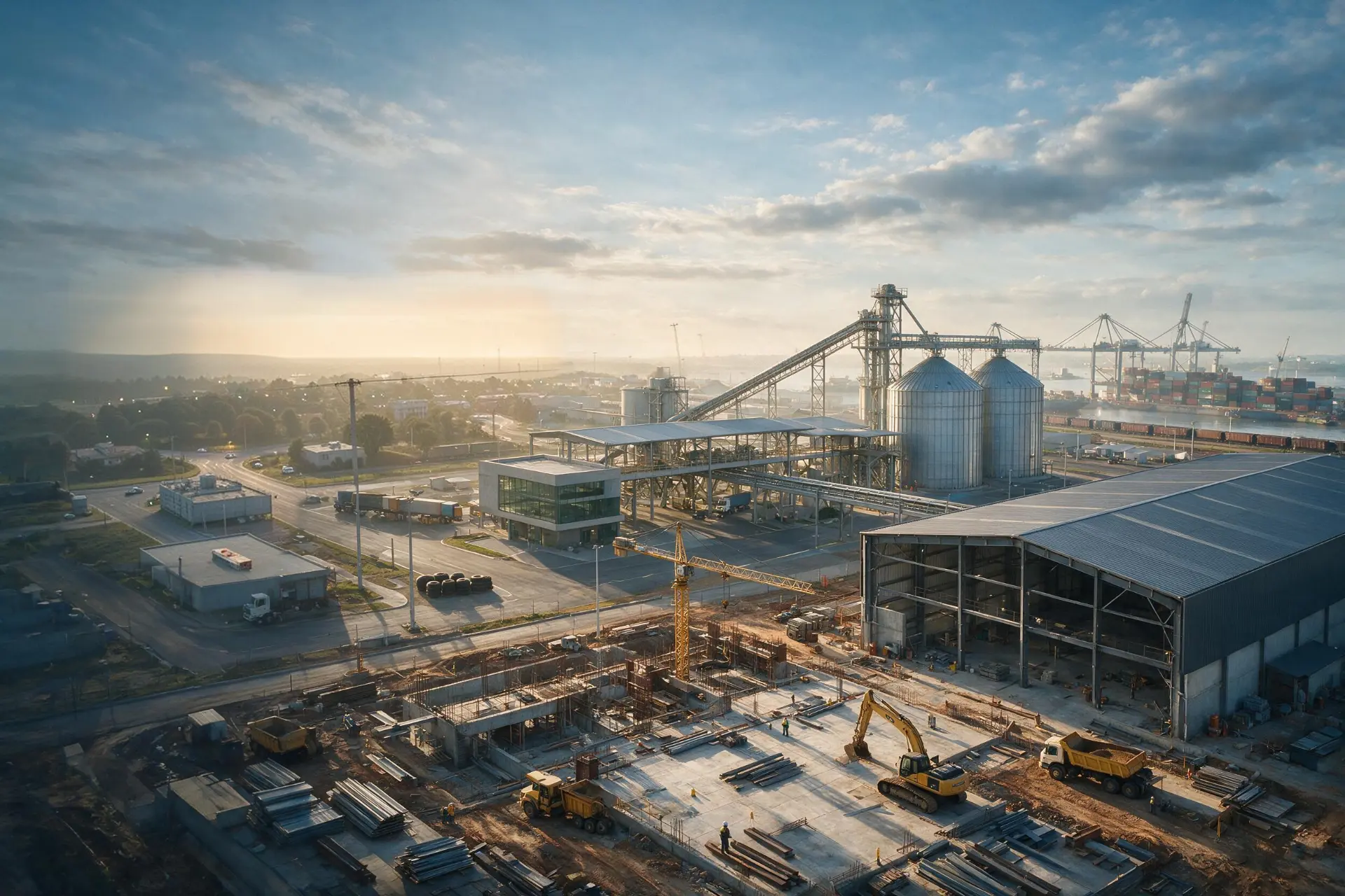 Complexo industrial e logístico em implantação, com silos, galpões e estrutura metálica em construção