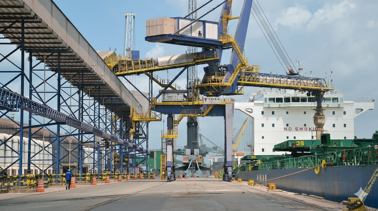 Terminal portuário com estruturas metálicas e correias transportadoras